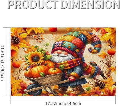 Autumn Gnome Pumpkin Flower Placemats Set of 6 PVC Vinyl Non Slip Table Mats Heat Resistant Place Mats Washable Wipeable Dining Table Mat for Kitchen Decor Party Indoor Outdoor Decorative Gift