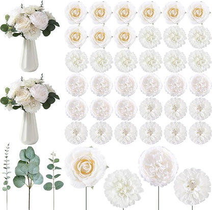 98 Pcs Assorted Faux Flowers Heads with Stem Eucalyptus Leaves Silk Artificial Flowers Bouquet Floral Table Centerpieces for DIY Wedding Party Wreath Home Decoration (White,Classic Style)