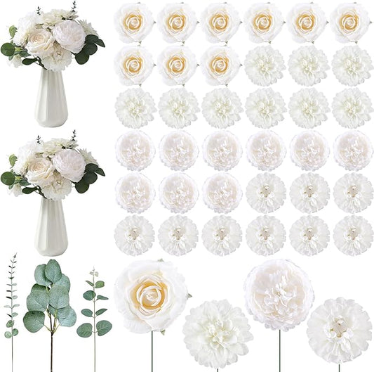 98 Pcs Assorted Faux Flowers Heads with Stem Eucalyptus Leaves Silk Artificial Flowers Bouquet Floral Table Centerpieces for DIY Wedding Party Wreath Home Decoration (White,Classic Style)