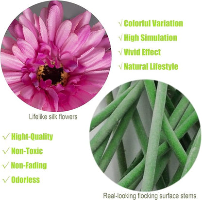 12pcs Artificial Gerbera Daisies,22 Inch Long Stem Silk Daisy Flowers,Realistic Artificial Flower Mums for Home Décor Centerpiece Wreath Supplies Wedding Bouquet,Pink