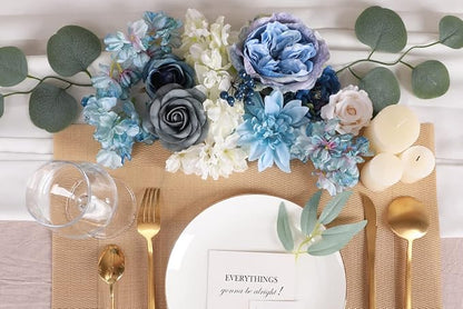 Floweroyal 2 Layers Artificial Flowers Combo Dusty Blue Flowers Mix Silk Flowers Dahlia Roses with Stems for Wedding Bridal Bouquets, Baby Shower, Floral Arrangement, Table Centerpieces