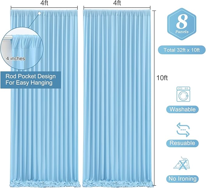 Blue Backdrop Curtains 8 Panels - Wrinkle-Free Light Blue Curtains Polyester Photography Drapes Photo Background for Baby Shower Birthday Party Decorations- 32 X10FT (Blue)