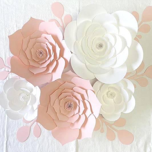 3D Party Paper Decoration Need Assembled Artificial Flower With Leaves Wall Decor (White Pink Set) for Wedding, Bridal Shower, Nursery, Baby Shower Backdrop