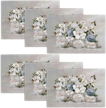 White Flower Placemats Set of 6, Hummingbirds Floral Live Love Laugh Double-Sided Table Mats for Kitchen Dining Room Home Party Indoor 6 PCS 12x18 Inch