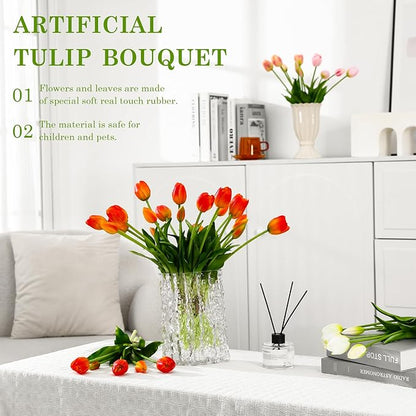 15PCS Artificial Tulips Real Touch Orange Faux Latex Flowers Lifelike Fake Tulip Bouquet Flowers Arrangements for Wedding Home Kitchen Garden Table Party Decoration