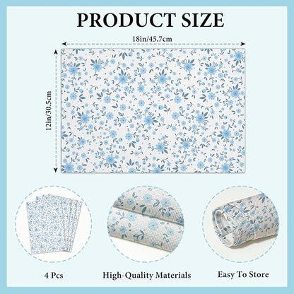 Cotton Linen Waterproof Placemats Set of 4, Blue Floral Dining Mat Table Mats Decor Fabric for Kitchen Dinner Coffee Shop Table, Outdoor/Indoor Washable Wipeable Placemat -N030