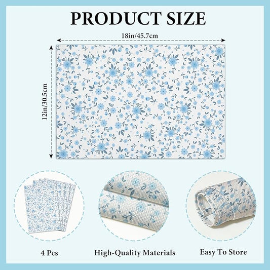 Cotton Linen Waterproof Placemats Set of 4, Blue Floral Dining Mat Table Mats Decor Fabric for Kitchen Dinner Coffee Shop Table, Outdoor/Indoor Washable Wipeable Placemat -N030