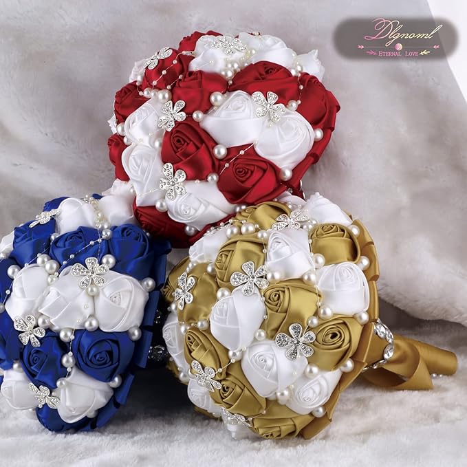 Handmade Wedding Flowers Bridal Bouquets Crystal Bride Holding Bouquet White Ivory Satin Roses with Diamond Pearl Ribbon.(Gold)