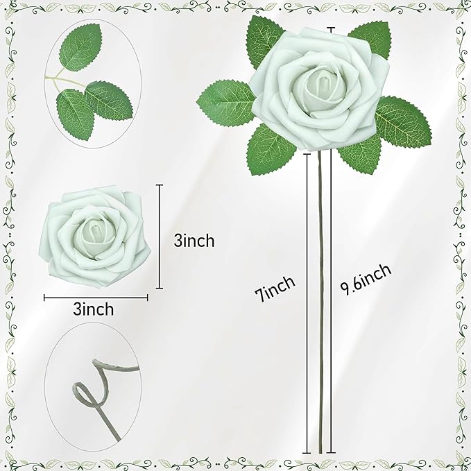 Artificial Flowers, 50pcs Artificial Rose for DIY Wedding Bouquets Centerpieces Arrangements, Light Green Rose Flowers with Stem for Bridal Shower Party Home Decorations