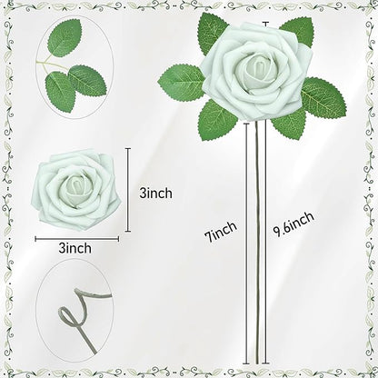 Artificial Flowers, 50pcs Artificial Rose for DIY Wedding Bouquets Centerpieces Arrangements, Light Green Rose Flowers with Stem for Bridal Shower Party Home Decorations