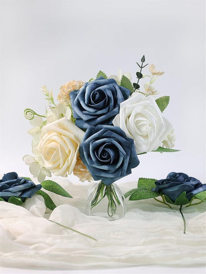 Meldel Artificial Flower Rose 25pcs Real Looking Blue Fake Foam Roses with Stems for DIY Wedding Bouquets Gifts Bridal Shower Faux Floral Centerpieces Arrangements Home Party Tables Decorations