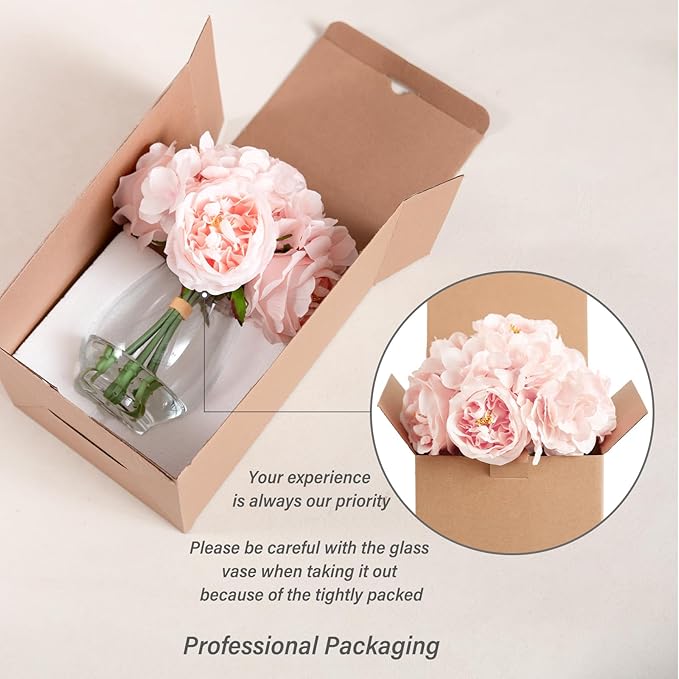 Silk Peonies Artificial Flowers with Hydrangea in Glass Vase with Fake Water, Fake Austin Rose Bouquet with Vase for Home Hotel Office Wedding Party Decor as Table Centerpieces & Gift (Blush Pink)