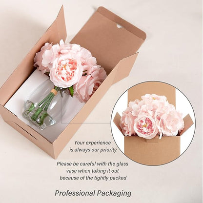 Silk Peonies Artificial Flowers with Hydrangea in Glass Vase with Fake Water, Fake Austin Rose Bouquet with Vase for Home Hotel Office Wedding Party Decor as Table Centerpieces & Gift (Blush Pink)