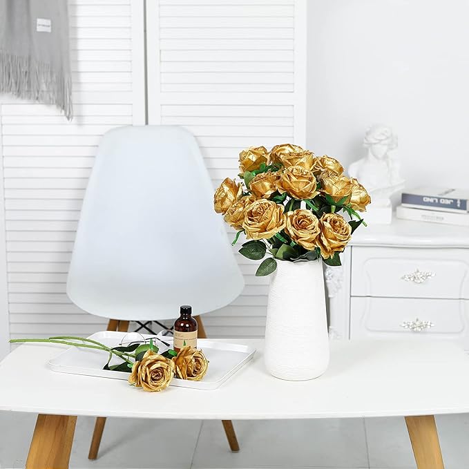Nubry Artificial Silk Rose Flower Bouquet Lifelike Fake Rose for Wedding Home Party Decoration Event Gift 10pcs (Gold)