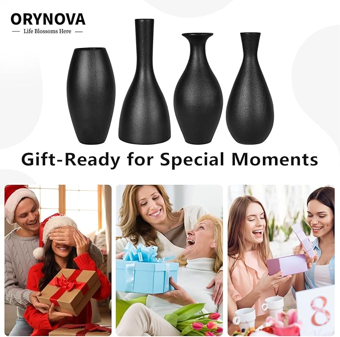 Black Ceramic Vases Set of 4, Handmade Classic Matte Vases for Home Decor,Rustic Bud Vases Decorations for Table,Shelf,Office,Housewarming, (Black)