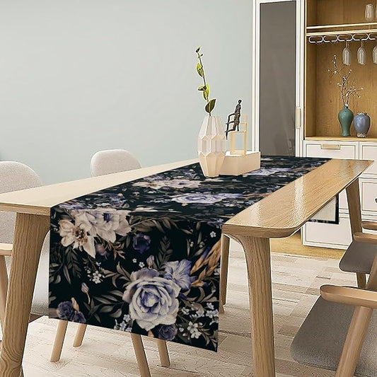 Dark Botanical Table Runner, Gothic Vintage Purple Garden Flowers Herbs Print Print Table Cover for Kitchen Dining Home Decor Wreath Party Decoration, 13x108inch