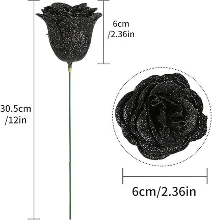 Roses Artificial Flowers,30PCS Black Glitter Roses Silk Roses for Wedding Bouquet Party Christmas Home Decor(Black)