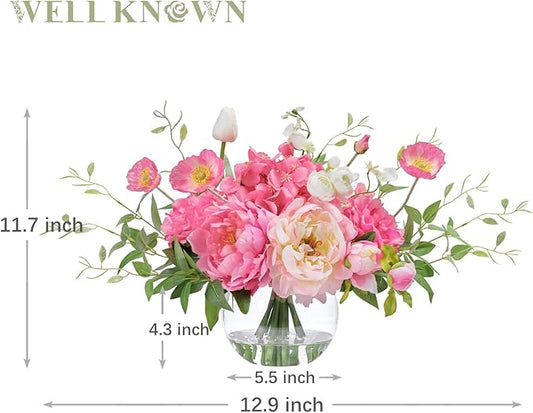 Artificial Flowers in Vase, WELL KNOWN Silk Hydrangea Bouquet and Peonies Artificial Flowers Table Centerpieces with Faux Water for Home Decor Fake Tulips Flower Arrangements for Table Decor (Fuchsia)