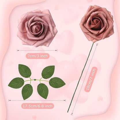 100 Pieces Artificial Foam Rose Flowers Faux Bouquet with Leaves and Stems for DIY Wedding Bouquets Centerpieces Bridal Shower Party Valentine Home Decorations(Shades of Dusty Rose)
