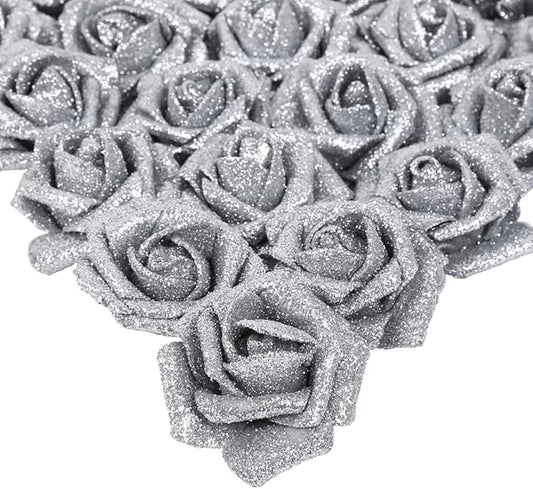 IPOPU Silver Roses Artificial Flowers,25PCS Foam Glitter Roses Glitter Flowers Fake Rose with Stems for DIY Wedding Bridal Bouquet Home Party Christmas Decoration(Silver)