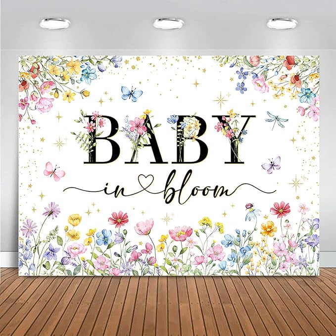 Mocsicka Baby in Bloom Backdrop Banner Wildflower Backdrop Decorations for Baby Shower 7x5ft Girls Floral Golden Dot A Little Wildflower is On The Way Baby Shower Decorations Banner