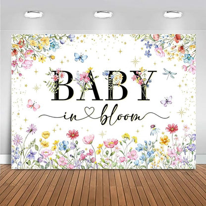 Mocsicka Wildflower Backdrop Baby in Bloom Floral Baby Shower Decorations Girls Butterfly Golden Dot A Little Wildflower is On The Way Decorations for Baby Shower Background Banner