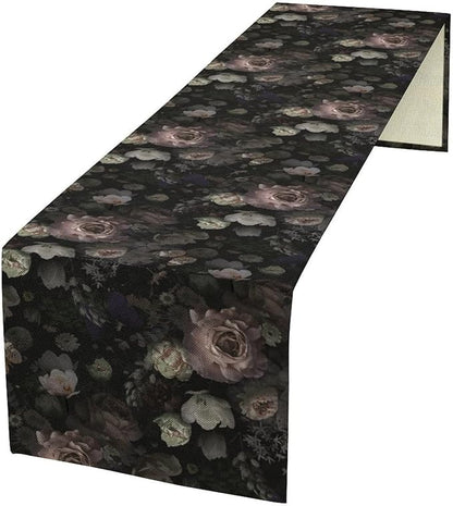 Gothic Floral Table Runner,Vintage Black Pink Rose Print Table Runner for Home Kitchen Table Dining Indoor Outdoor Party Decor 13x120 Inch
