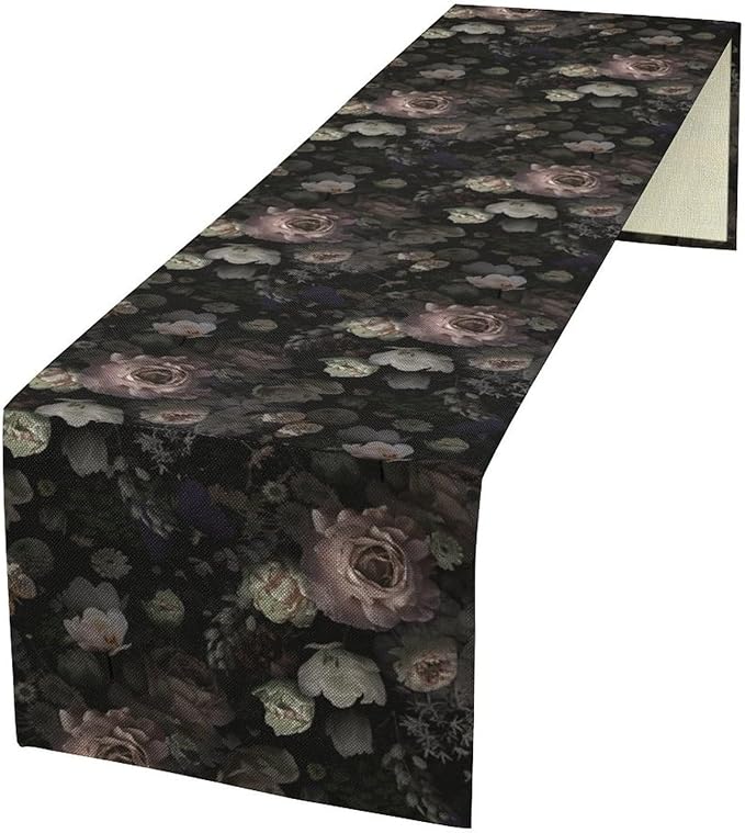 Gothic Floral Table Runner,Vintage Black Pink Rose Print Table Runner for Home Kitchen Table Dining Indoor Outdoor Party Decor 13x36 Inch