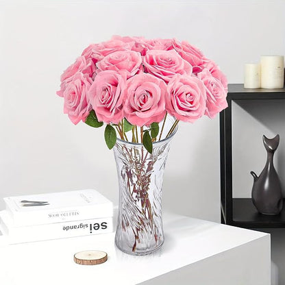 20PCS Artificial Roses with Long Stems - Realistic Silk Flowers, Fake Roses Real Touch Bouquet of Roses for Home Decor, Bridal Wedding Party Table Centerpieces, Bulk Faux Rose Flowers (Pink)
