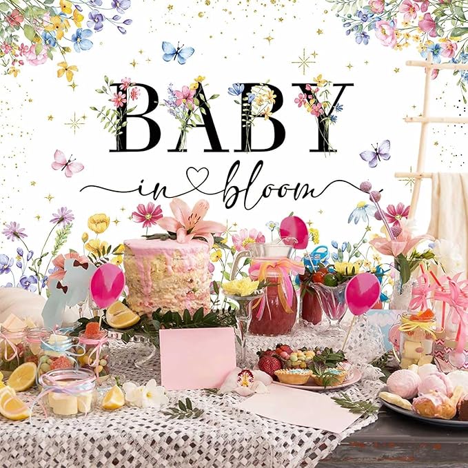Boho Wildflower Baby Shower Backdrop Baby in Bloom Background Butterfly Flower A Little Wildflower is on The Way Decorations Girls Floral Baby Shower Banner with Copper Grommets