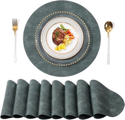 UnivoColors PU Leather Placemats Set of 8,15 Inches Round Washed Cowhide Pattern Table Mats for Dining Table, Kitchen, Party Decoration(Retro Blue)