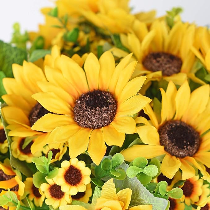 Lvydec Artificial Sunflower Bouquet, 4 Bunches Silk Sunflowers Fake Yellow Flowers for Home Decoration Wedding Decor (4 Pack)