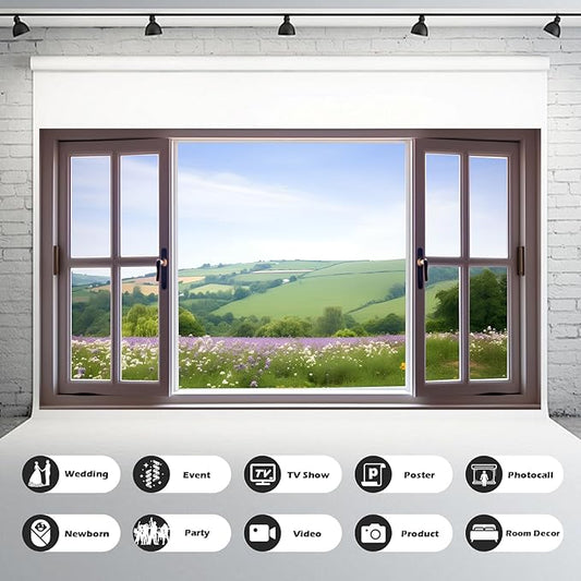 7x5ft Window Scenery Backdrop Open Window with View of Meadows and Fields Photography Background Plants Flowers Background Party Banner Wall Decor Baby Kids Family Photo Shoot Props