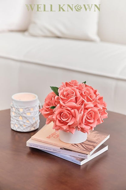 Artificial Rose Bouquet in Ceramic Vase, Silk Flower Arrangement in Pot, Real Touch Fake Flowers with White Vase for Wedding Home Centerpiece Coffee Table Bathroom Anniversary Decor & Gift (Coral)