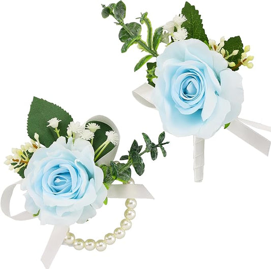 SITUMEIZI 2Pcs Blue Corsage and Boutonniere Set,Corsage Wristlet for Prom Decor,Boutonniere for Men Wedding Flowers Accessories Party Suit Decoration(Light Blue)