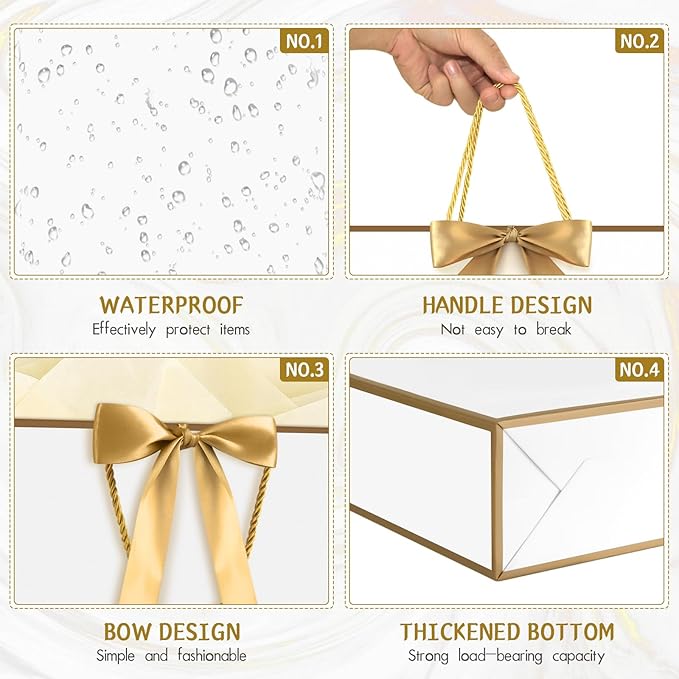 JMANNI Gift Bag, Medium Gift Bags with Tissue Paper, 2Pcs Gift Bags Medium Size with Handle and Bow Ribbon for Any Birthday, Weddings, Mothers Day & Special Occasion 11''x7.87''x4'' (Golden-White)