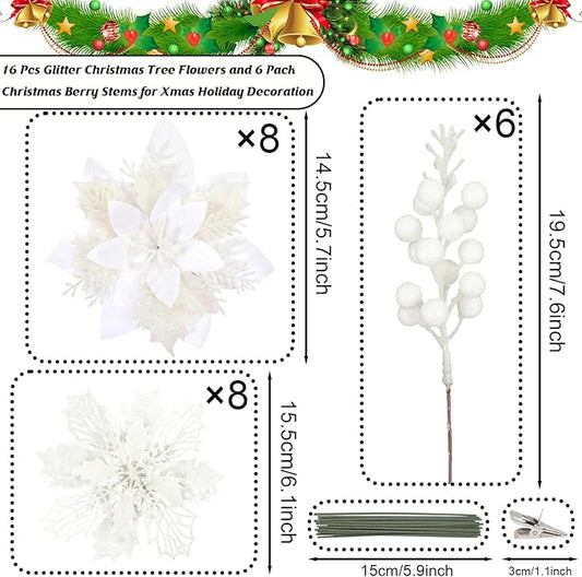 Sawowkuya 22 Pcs White Poinsettia Artificial Flowers & Glitter Berries Stems Kit, Christmas Poinsettias Decorations & Ornaments for Xmas Home Wedding Holiday Tree Decor
