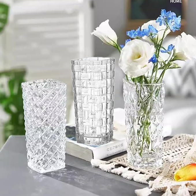 Clear Glass Vase for Flowers Esmiome Square Embossed Rectangle 6in High Glass Bud Vases Small Vase for Flowers Plant Terrarium Candle Holder Water Glasses for Wedding Centerpiece Office Table, Rhombus