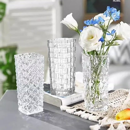 Clear Glass Vase for Flowers Esmiome Square Embossed Rectangle 6in High Glass Bud Vases Small Vase for Flowers Plant Terrarium Candle Holder Water Glasses for Wedding Centerpiece Office Table, Rhombus