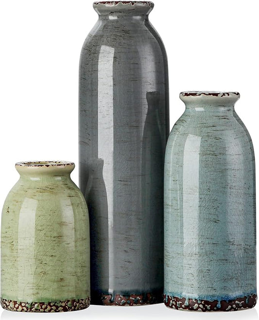 CWLWGO-Ceramic Vase Set of 3, Small Vases for Modern Farmhouse Decoration, Living Room Accents & Dining Table Centerpieces,Idea Bookshelf Décor, Mantel and Entrance Decorations -Multicolor.