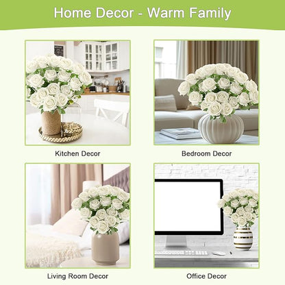 50Pcs White Roses Artificial Flowers Fake Roses Faux Velvet Silk Flower for Home Wedding Decoration (Pearl Rose, White)