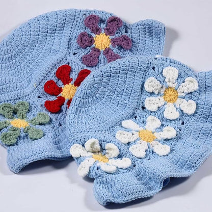 Crochet Bucket Hat for Women Flower Knit Hat Hollow Out Foldable Cap Hats