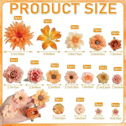 Fall Artificial Flower Heads Combo - 48pcs Orange Silk Flowers Bulk Faux Rose for Wedding Decor, Bridal Bouquets, Graduation Parties, Cake Toppers & Home DIY Crafts