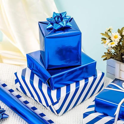 Merture Reversible Royal Blue Wrapping Paper Roll - 17 In X 32.8 Ft(46.5 sq.ft.) Metallic Blue and Stripe Design Gift Wrap for Birthday, Fathers Day, Baby Shower, Gender Reveal Party, Hanukkah