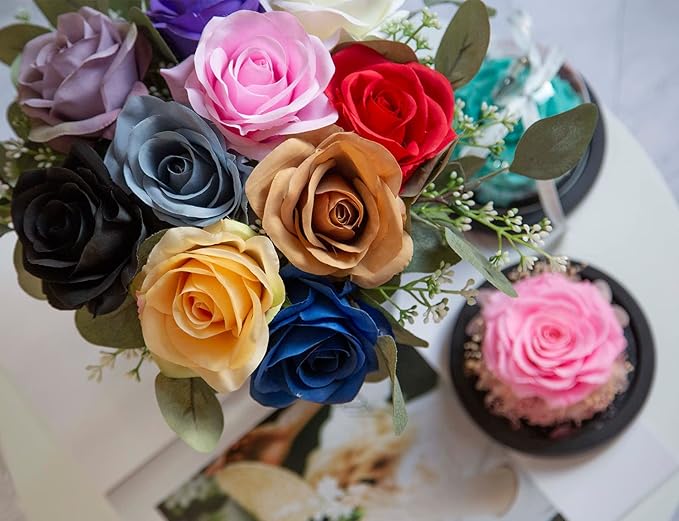 DuHouse 10pcs Fake Roses Artificial Silk Flowers Faux Rose Flower Long Stems Bouquet for Arrangement Wedding Centerpiece Party Home Kitchen Decor (Pink)
