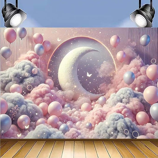 Dreamy Moon and Balloons Backdrop Pink Dreamy Balloon Moon Baby Birthday Decoration Kids Portrait Photo Backdrop Newborn Baby Photography Background (6x4feet)