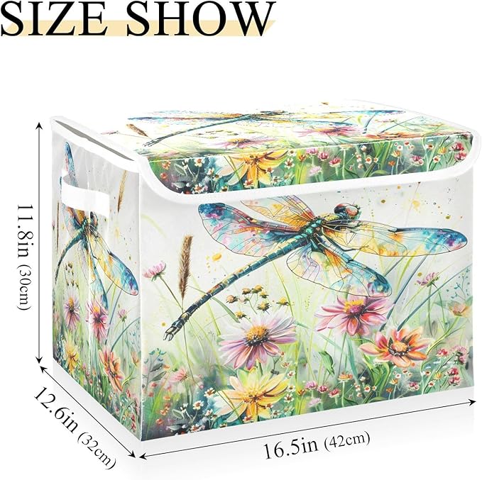 senya Baskets Collapsible Storage Bins with Lids, Dragonfly Wildflowers Painting Storage Boxes Clothes Baskets for Organizing, B06D22020