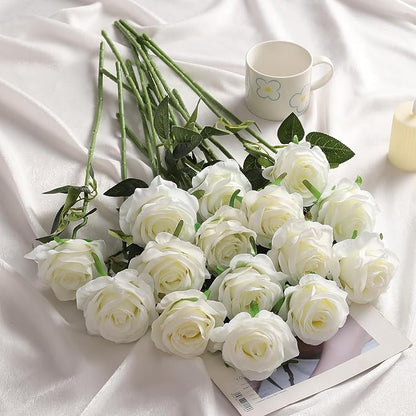 Kisflower 60 Pcs White Roses Artificial Flowers Bulk, Silk Roses with Stem Realistic White Artificial Roses for Decoration DIY Wedding Bouquet Bridal Shower Party Home Table Centerpieces Decor (White)
