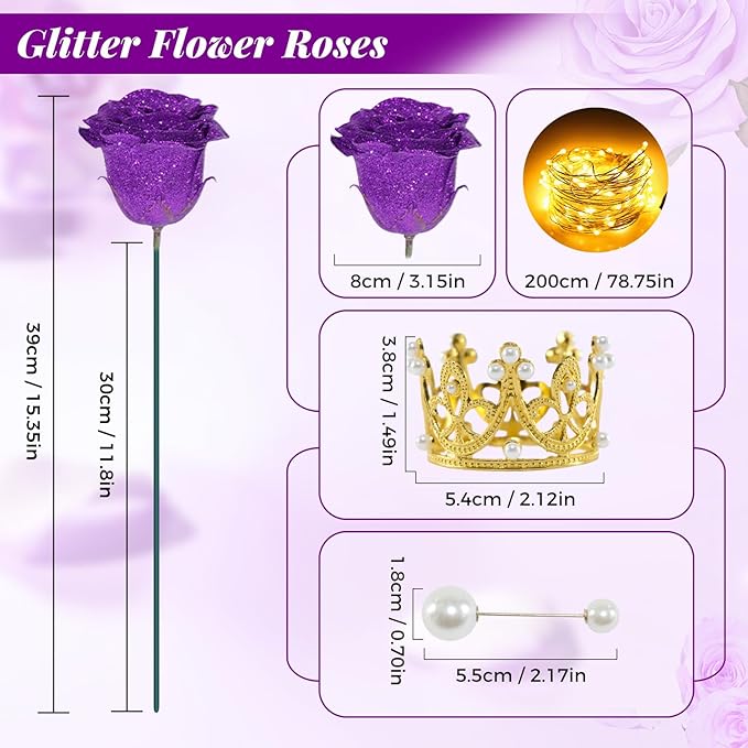 Purple Glitter Roses Bouquet, 24 Pcs Shiny Glitter Flowers Bouquet, Everlasting DIY Artificial Roses Bouquet for Christmas, Birthday, Anniversary, Wedding, Engagement,Mothers Day,Gifts