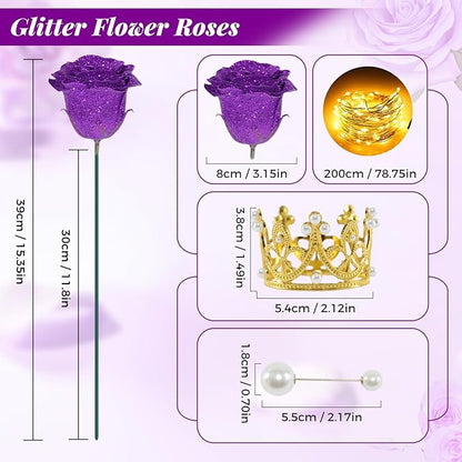 Purple Glitter Roses Bouquet, 24 Pcs Shiny Glitter Flowers Bouquet, Everlasting DIY Artificial Roses Bouquet for Christmas, Birthday, Anniversary, Wedding, Engagement,Mothers Day,Gifts